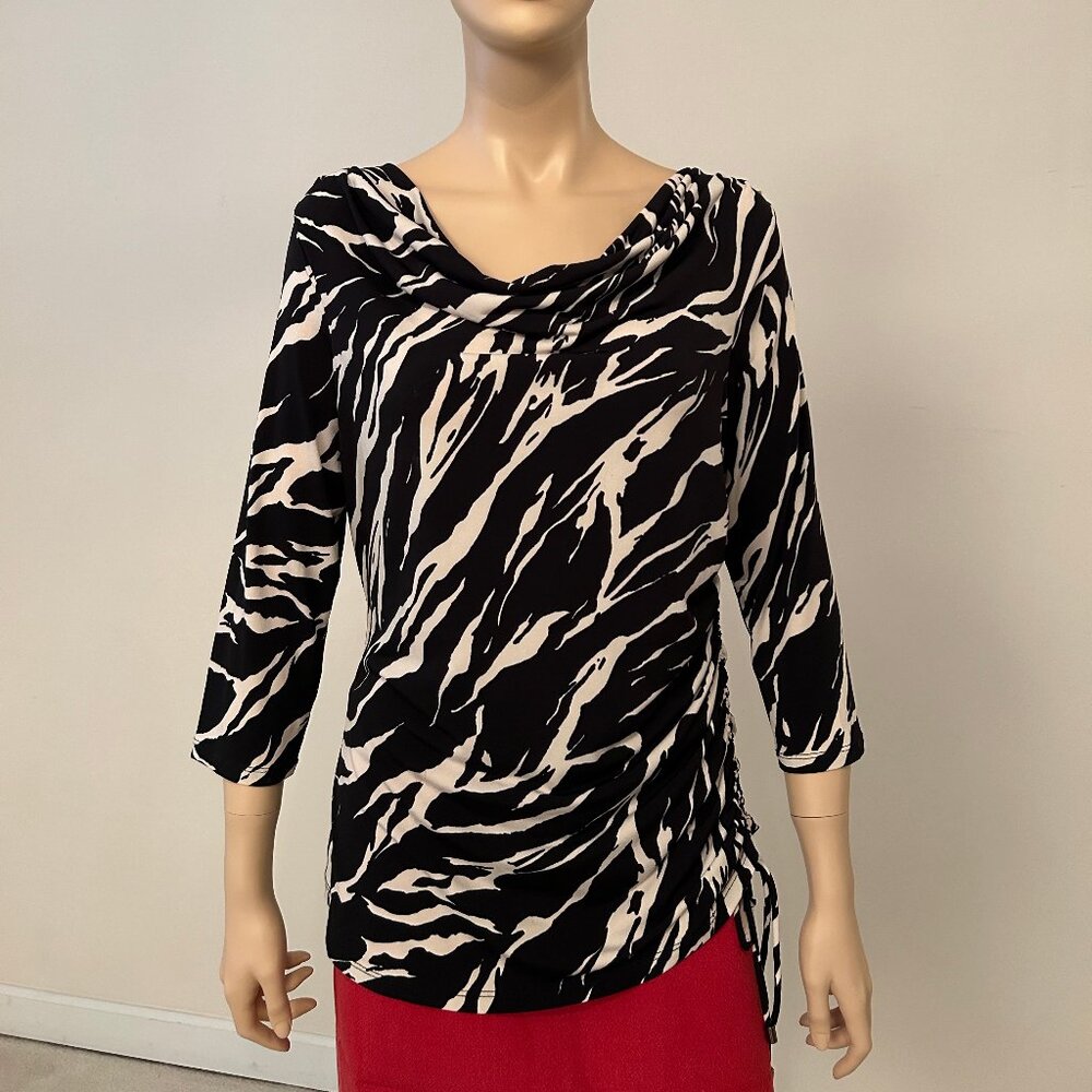 DANA BUCHMAN, 3/4 Sleeve, Black White Ruched, Cowl Neck Shirt, Size Medium